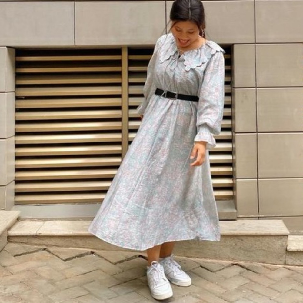 Floral Flounce-collared H&M Long DRESS - ties turquoise/pink